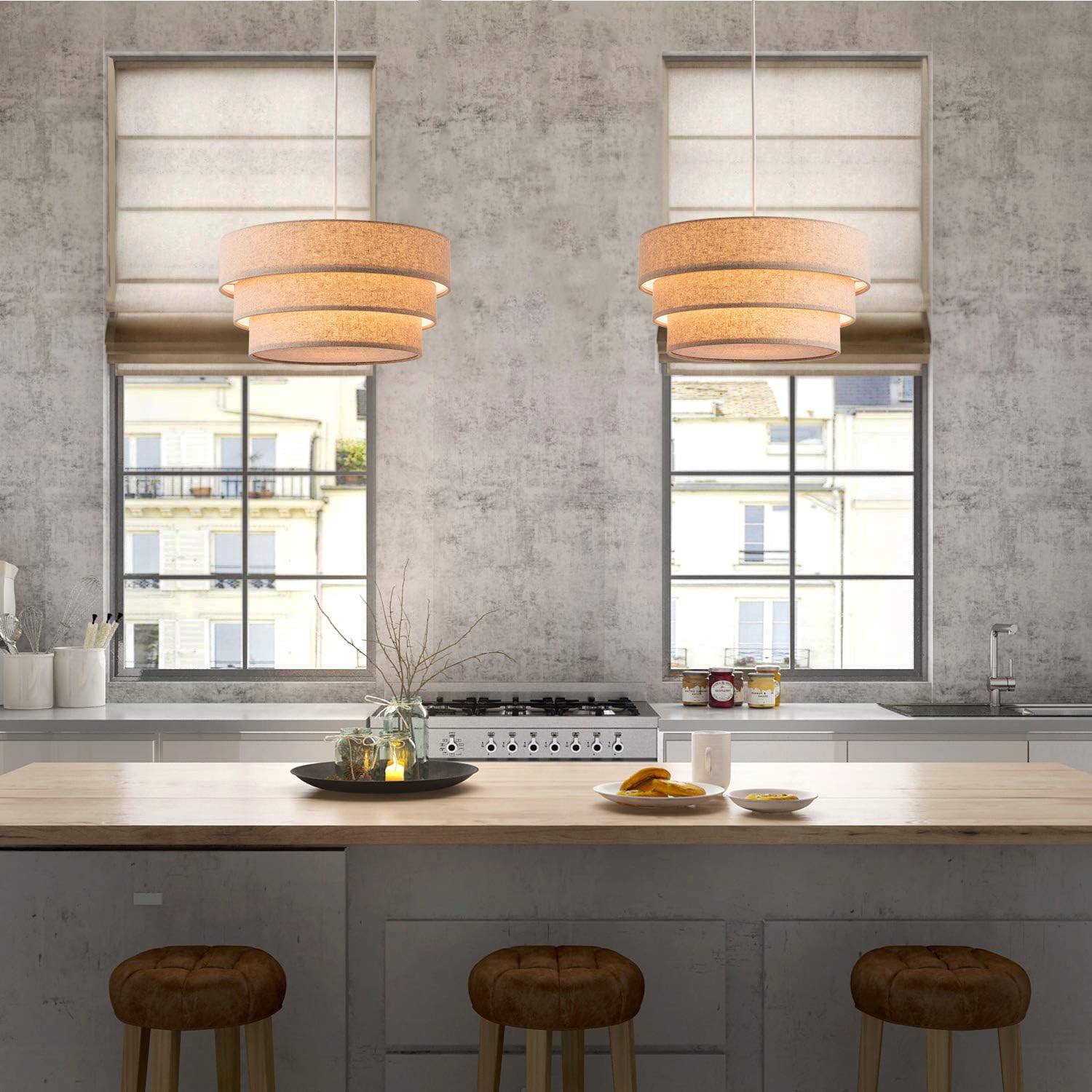 Rustic Pendant Lighting with Grey Linen Fabrics Lampshade Drum Pendant Light Modern Chandelier Adjustable Hanging Light Fixture for Kitchen, Foyer, Dining Room, Entryway Hallway Polished Nickel Finish - - 