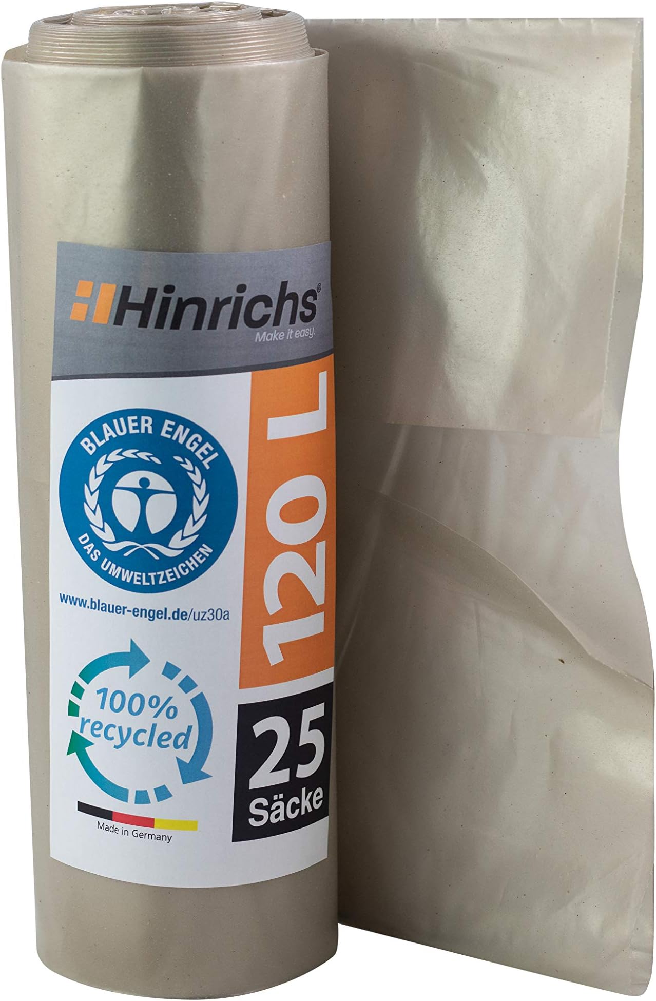 Hinrichs Trash Bags 120 Liters โ Extremely tearproof - Roll of 25 Bin Liners โ Waste Bags with 70 ฮผ โ Heavy Duty Refuse Sacks in White