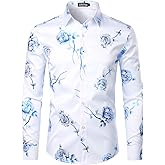 ZEROYAA Mens Hipster 3D Golden Rose Floral Printed Slim Fit Long Sleeve Button Down Dress Shirts