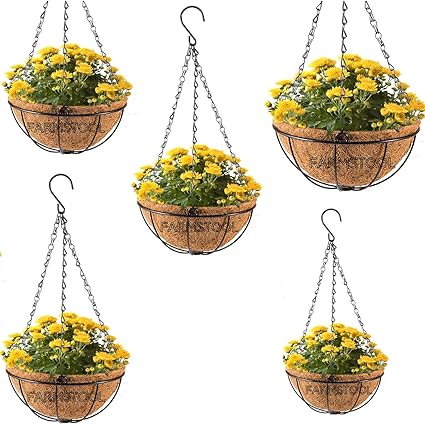 FARMSTOOL Coir Garden Hanging Flower Basket Pots 10INCH 5 Pcs Metal Chain Basket for Balcony Gardening Decoration Plants Indoor Outdoor