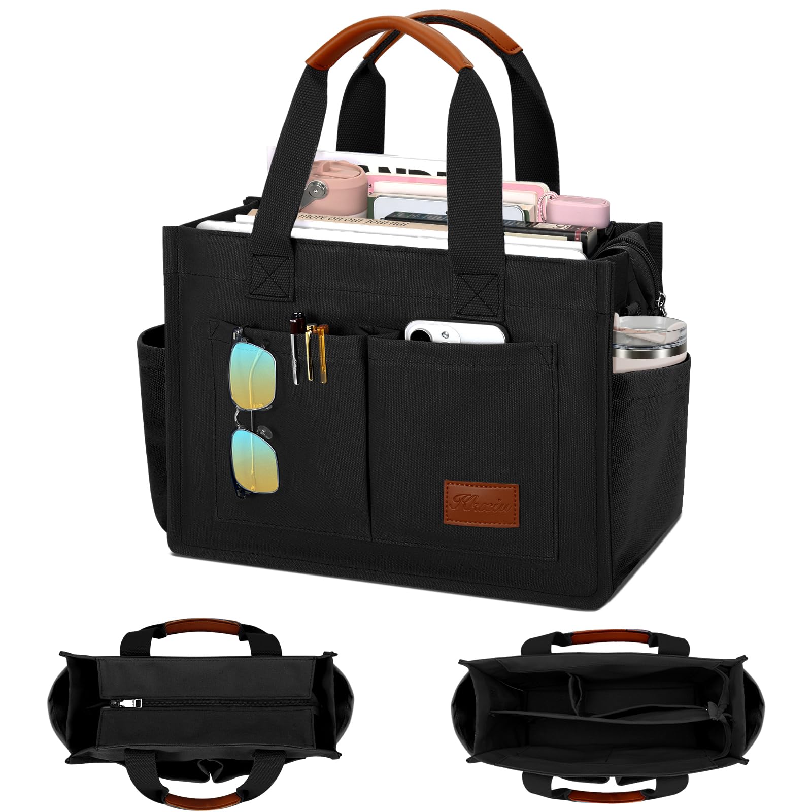 Photo 1 of KKXIU Large Canvas Tote Bag for Women with Zipper and Compartments Crossbody Work Bible Messenger Purse Bag With Pockets - Plus Black