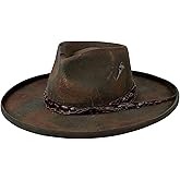 RUEDIGER Vintage Pencil Brim Fedora Hats 100% Wool Felt Hat Panama Rancher Hat with Lightning Logo Handmade Distressed/Burned
