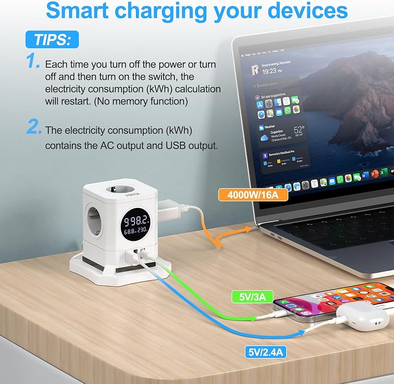 Regleta Enchufe Que Muestra la Potencia del Dispositivo, FDTEK Ladron Enchufe Que Muestra el Voltaje, Enchufe Cubo Que Muestra la Pérdida de Potencia., 4000W/16A, Blanco — foto 3 de 7