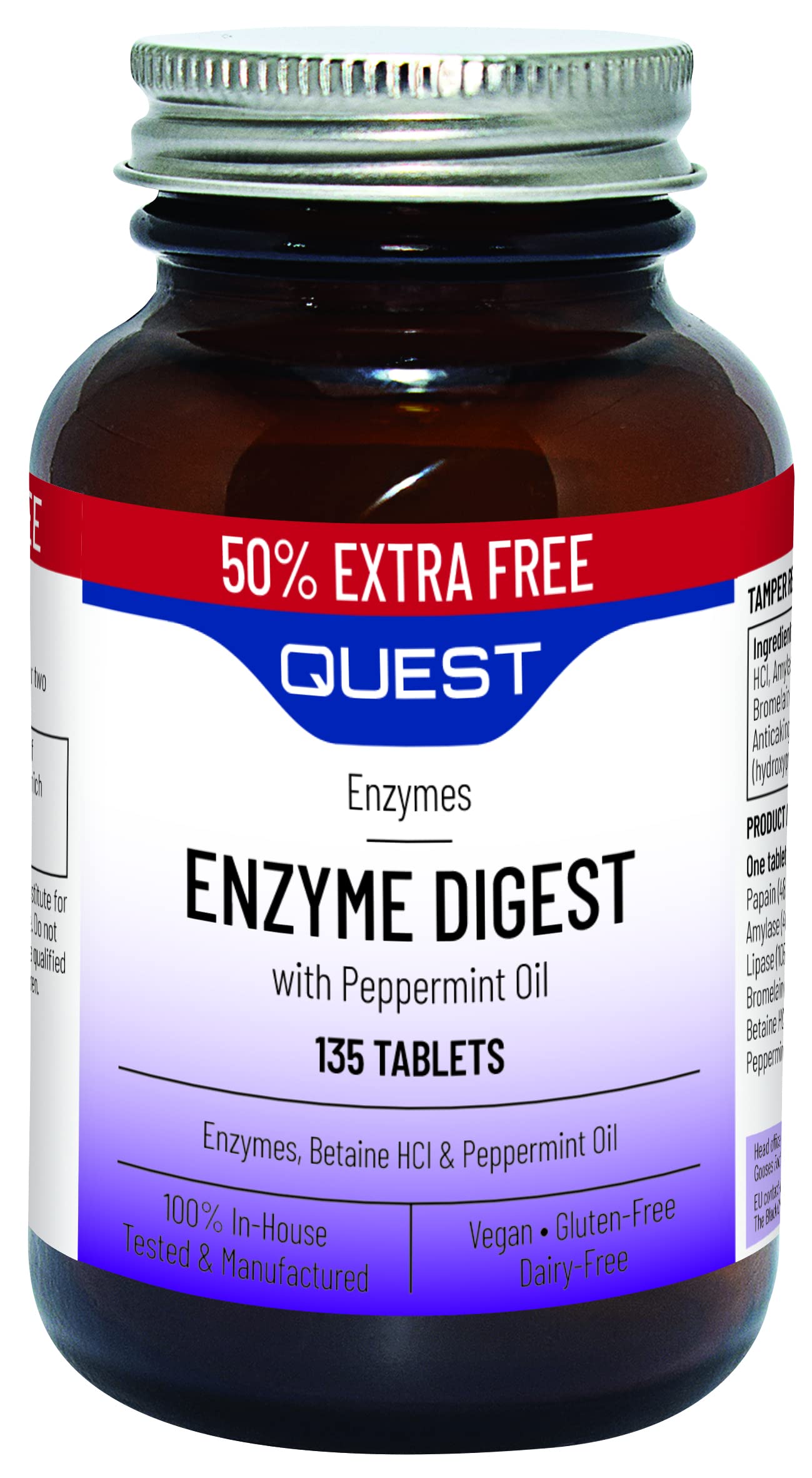 Quest Enzyme Digest with Peppermint Oil 90+45 Tablets. Potent Blend for Enhanced Nutrient Absorption& Comfort! (3 Pack)