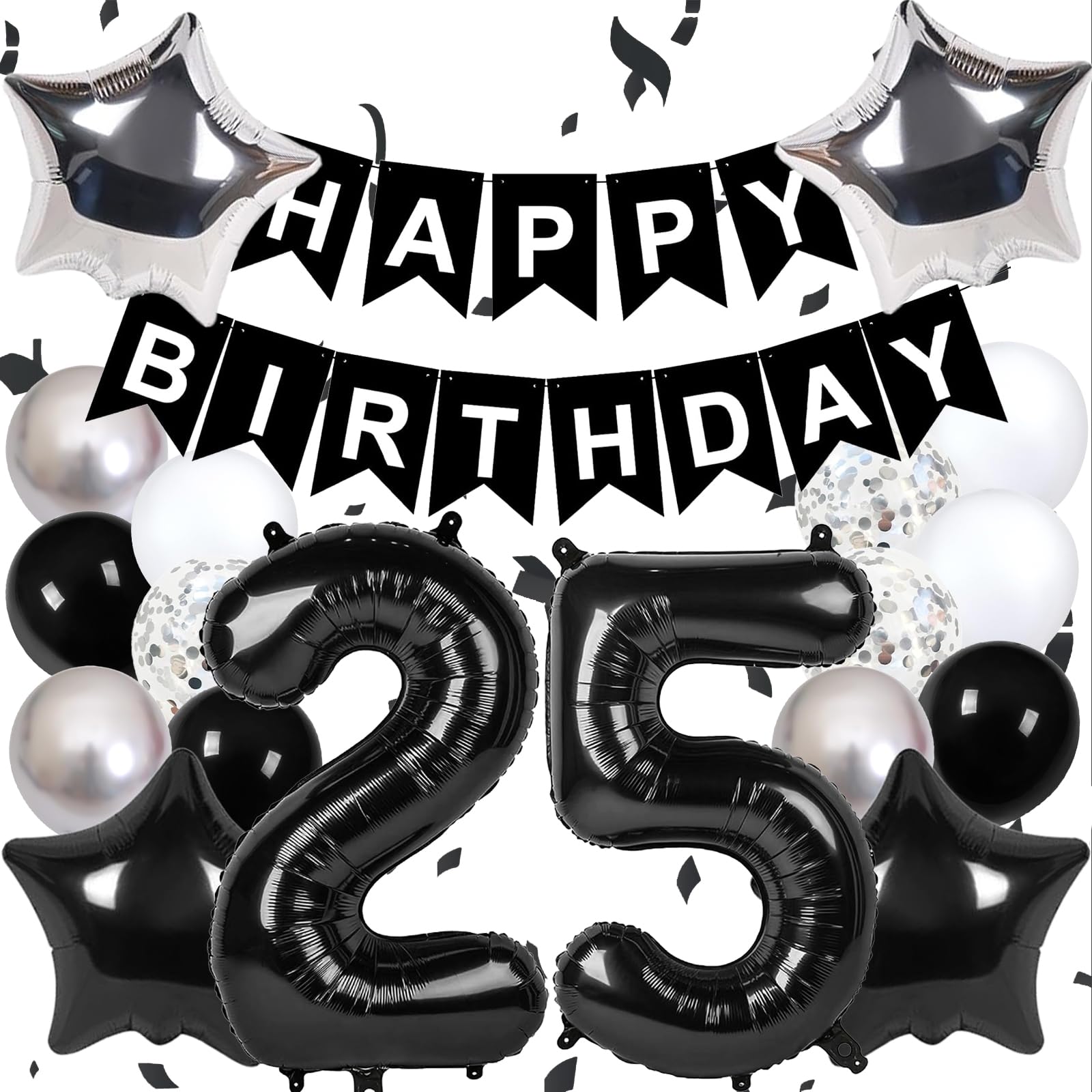 View 1 of ***MISSING PARTS***
Pasiihol Happy 25th Birthday Decorations, Black & Silver Balloons, Banner, Numbers, Stars, Ribbon