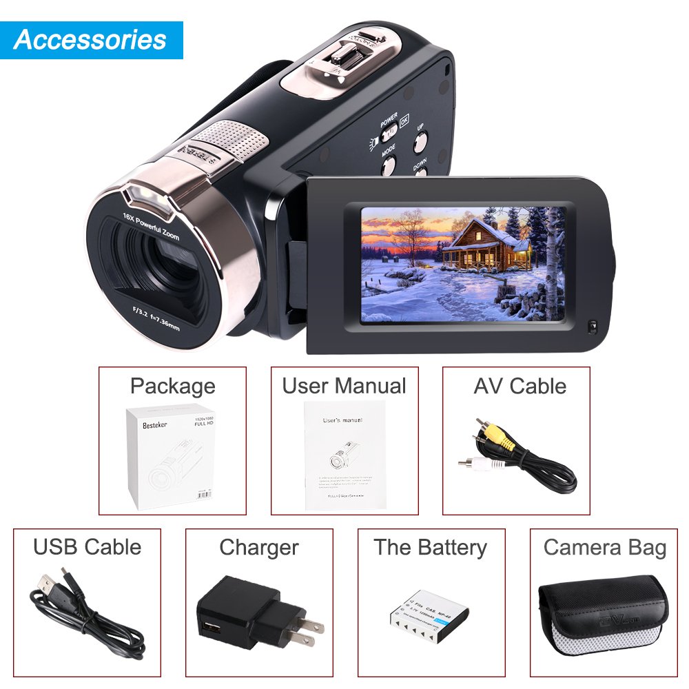 Camera Camcorders, Besteker HD 1080P 24 MP 16X Digital Zoom Video