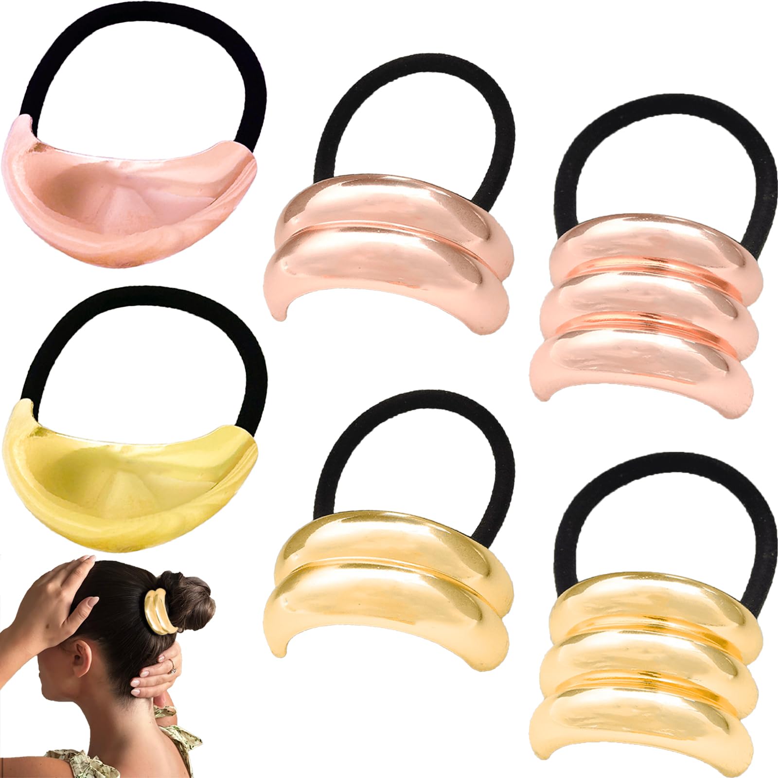 6Pcs Banana Hair Clip for Ponytail, Elastic Gold Hair Accessories Metal Hair Tie Ponytail Holder Glossy Rose Gold Hair Cuffs for Women Girls Long Curly Hair