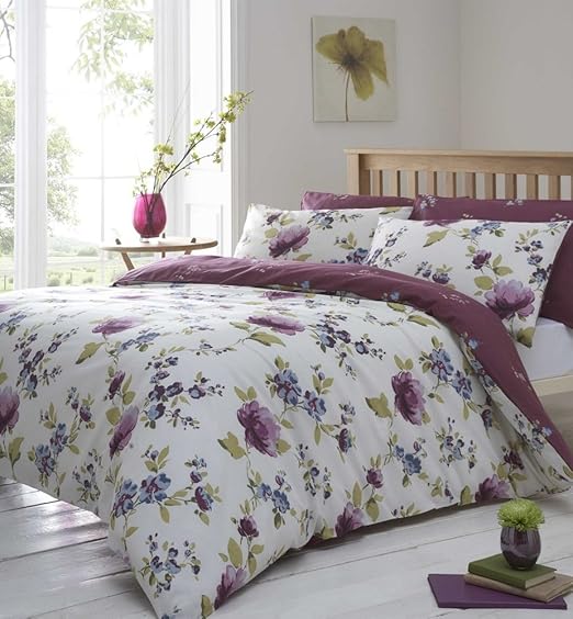 Plum & Cream King Size Floral Duvet Cover Reversible Country Bed