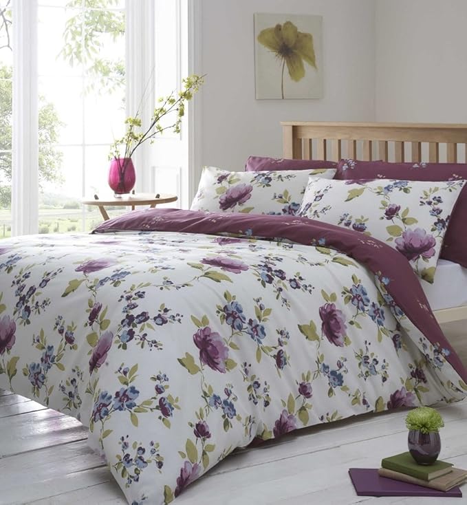 Plum & Cream King Size Floral Duvet Cover Reversible Country Bed