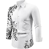 VIPWOLF Men's Floral Button Down Shirts Color Block Long Sleeve Business Dress Shirt