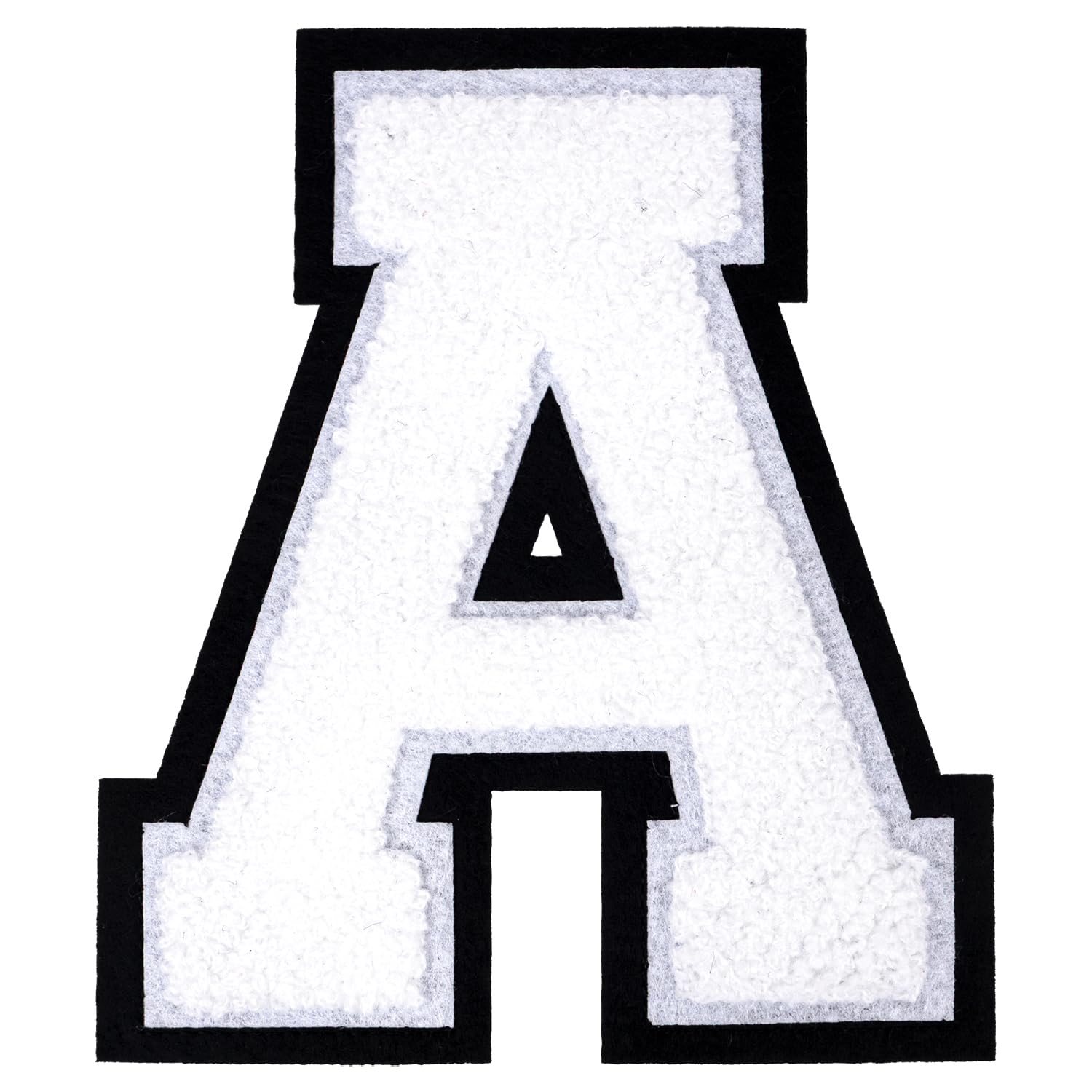 Photo 1 of 1 PCS 6 Inch White Chenille Letters Patches - Iron On Varsity Alphabet, Large Letters for Clothing, Backpacks, Hats, Jeans with Black Border (White A)
