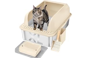 Furkid Stainless Steel Cat Litter Box with Lid, XL Large Litter Box for Big Cats, Enclosed Kitty Litter Pan with High Sides, Anti-Leakage&Non-Stick, Easy to Clean, Included Scoop, Aisle and Mat Beige