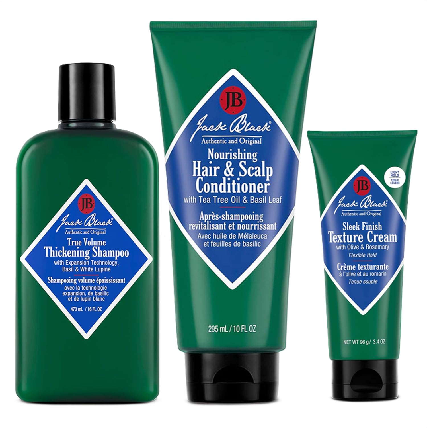 Jack Black Hair Care Set - True Volume Thickening Shampoo for Men, Nourishing Hair & Scalp Conditioner for Men, Sleek Finish Texture Cream Image