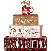 4 Pcs Christmas Decorations Indoor - Wooden Cocoa Table Decoration for Home - Christmas Centerpiece For Table - Winter Tiered Tray Decor Rustic Farmhouse Xmas Gift for Home Kitchen Mantel