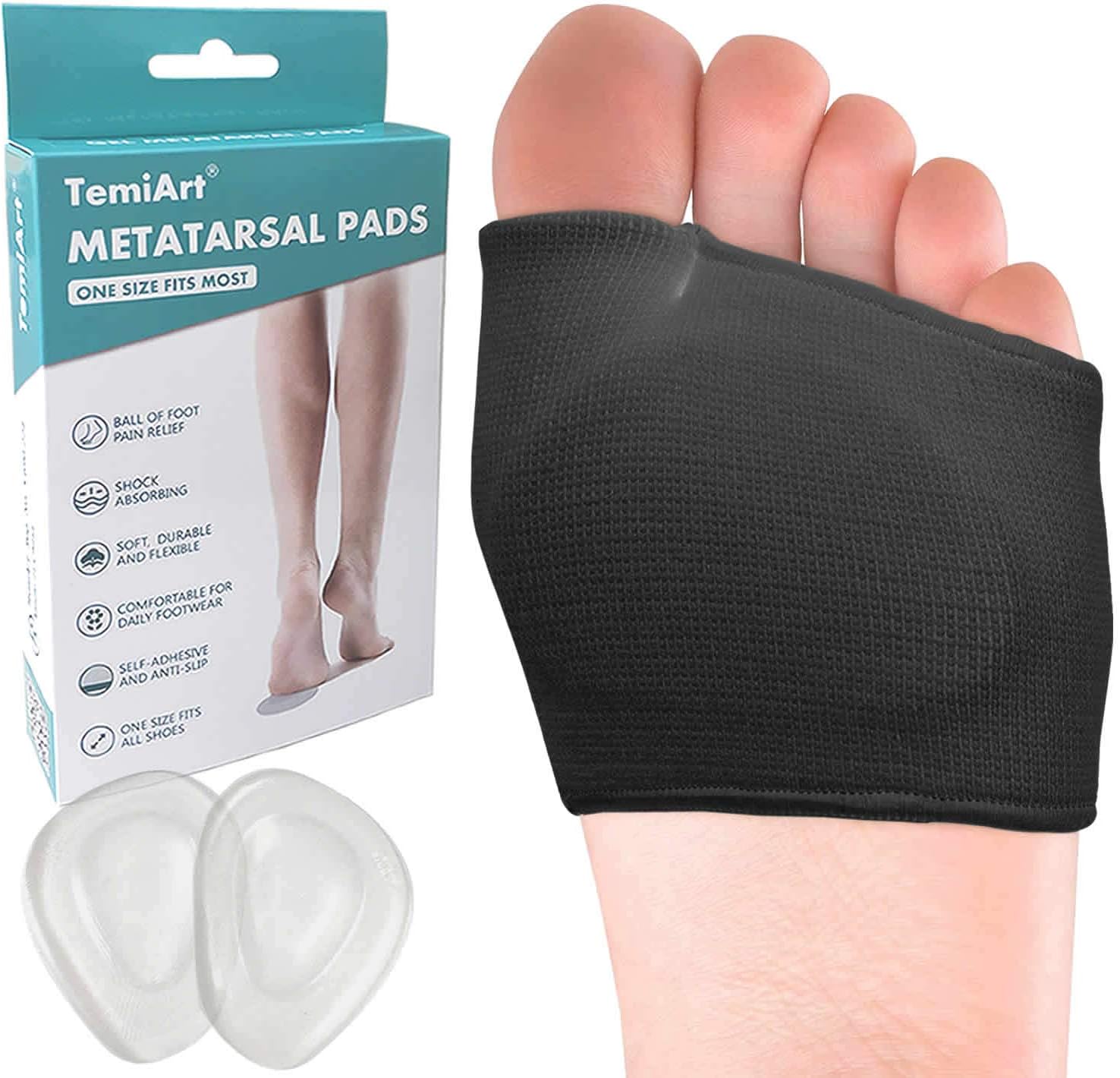 Temiart Metatarsal Sleeve Pads - 4 Pack Ball of Foot Cushions with Soft Gel, Fabric Compression Forefoot Gel Pads Cushion for Help Metatarsalgia, Mortons Neuroma, Diabetic Feet Pain Relief (Black): Health & Personal Care