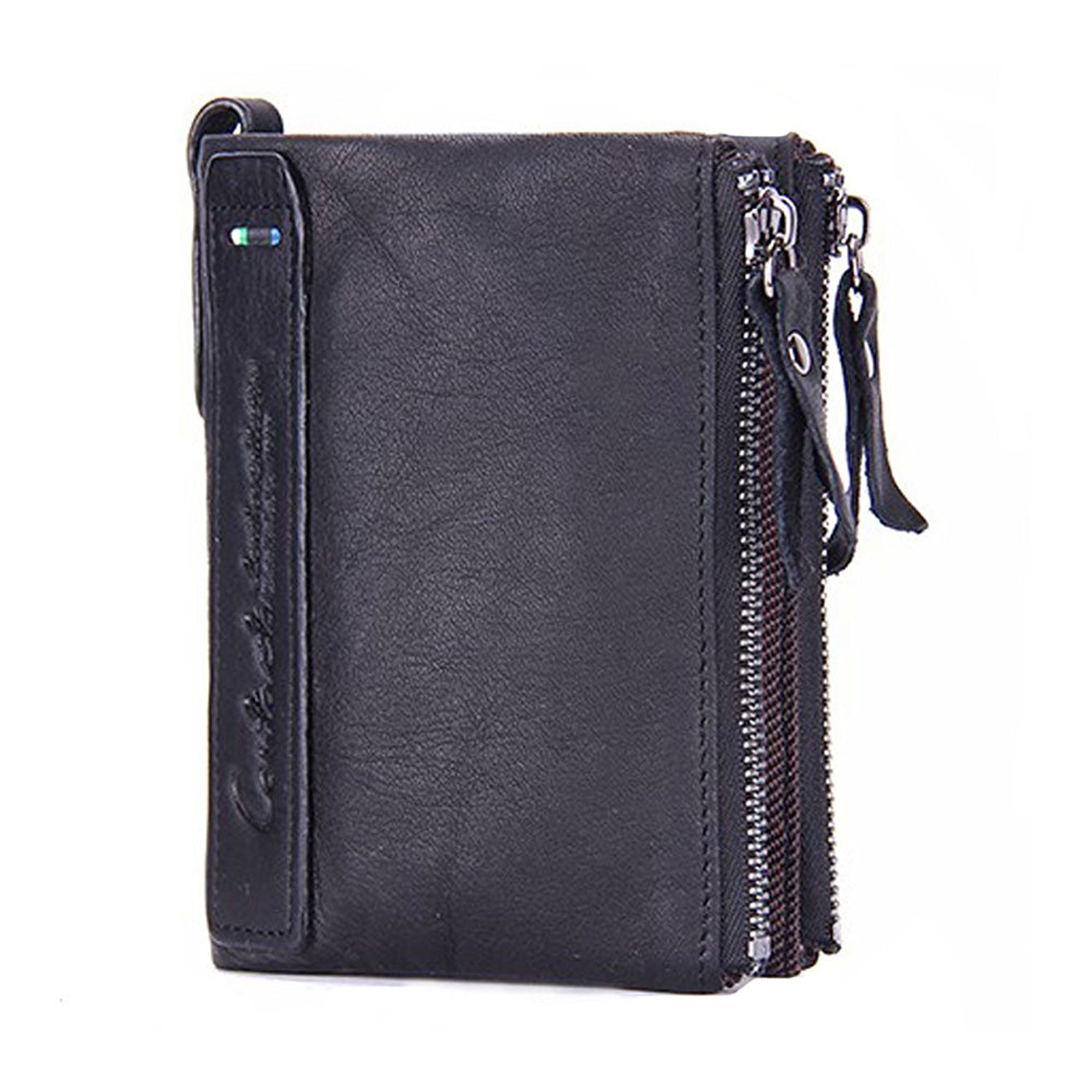 Modesty para hombre auténtica piel bifold Monedero doble cremallera bolsillo tipo cartera
