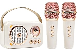 ARESRORA Retro Bluetooth Karaoke Speaker with Dual Wireless Microphones - Portable Rechargeable 1200mAh Battery, 10W HD Sound & 6 Voice Modes for Home Parties, Kids Gifts, Travel, Car Singing(White)