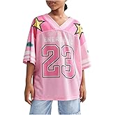 Floerns Girl's Jersey Shirt Printed Oversized Short Sleeve Mesh Tee Shirts V Neck Sport Jersey Shirts