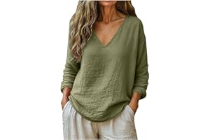 Frostluinai Linen Shirts for Women Long Sleeve V Neck Loose Tops Summer Beach Boho Casual Peasant Blouse