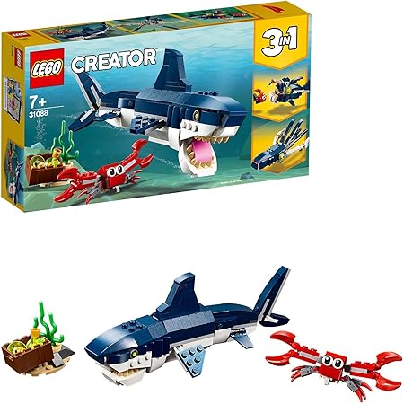 LEGO 31088 Creator 3en1 Criaturas del Fondo Marino, Tiburón o Calamar o Pez Pescador, Juguete de Construcción para Niños +7 años