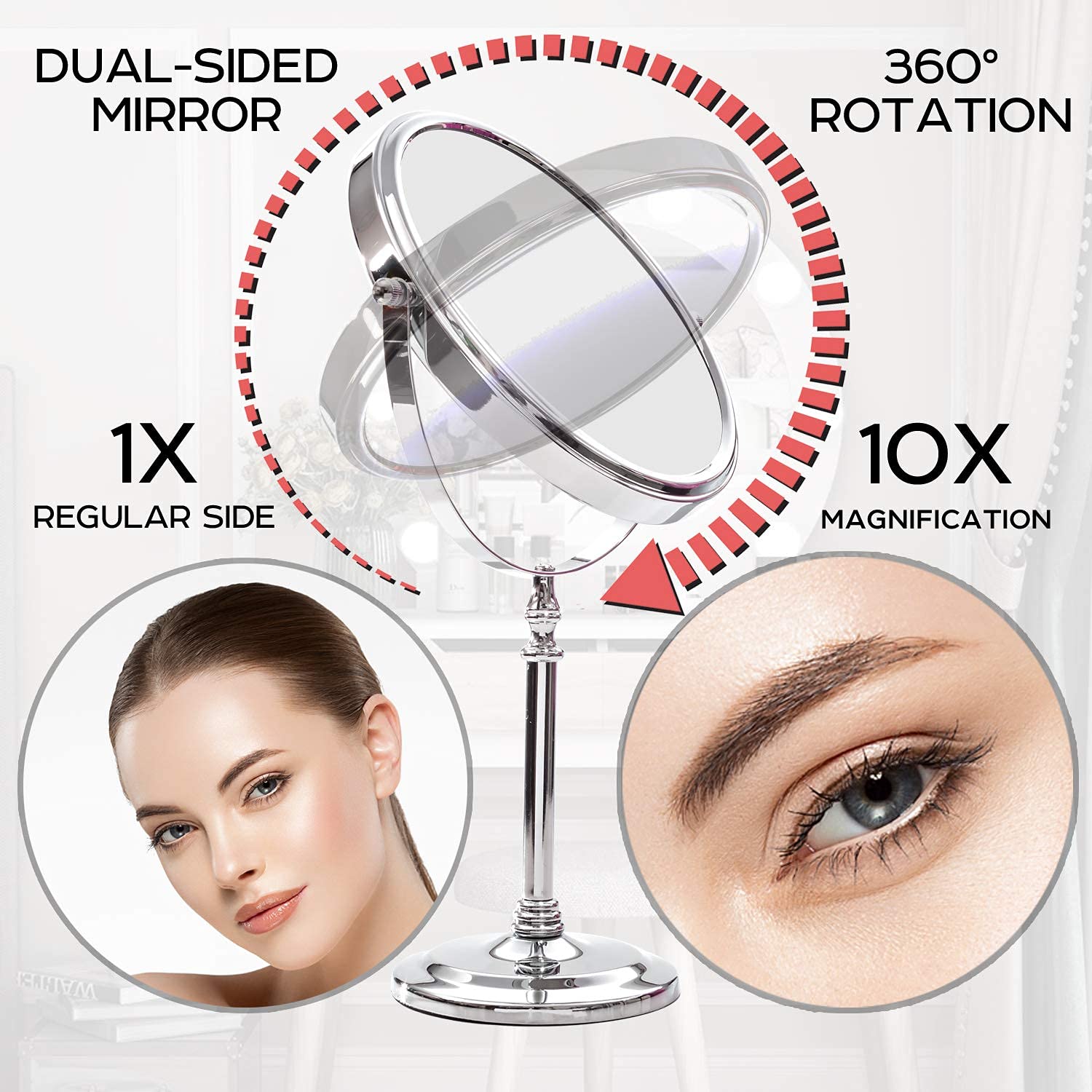 Mirrorvana Large Double Sided 10X and 1X Magnifying Makeup Mirror with Stand, 15-Inch Height and 8-Inch Wide : Beauty