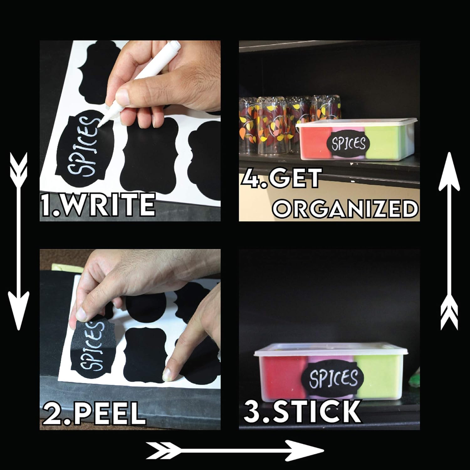Mantah Chalkboard Label Stickers 96pcs - 9 Assorted Shapes in 3 sizes with Erasable 2 White Chalk Markers, Reusable, Waterproof Labels for Storage Bins, Food Containers, Mason Jars, Kitchen Pantry Use : Office Products