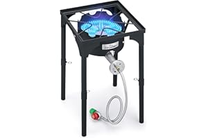 COOKAMP High Pressure Propane Burner Banjo Single Wok Burner 200,000BTU with Adjustable Height. 0-20 PSI Adjustable Regulator and Steel Braided Hose SA1550 (200,000BTU)