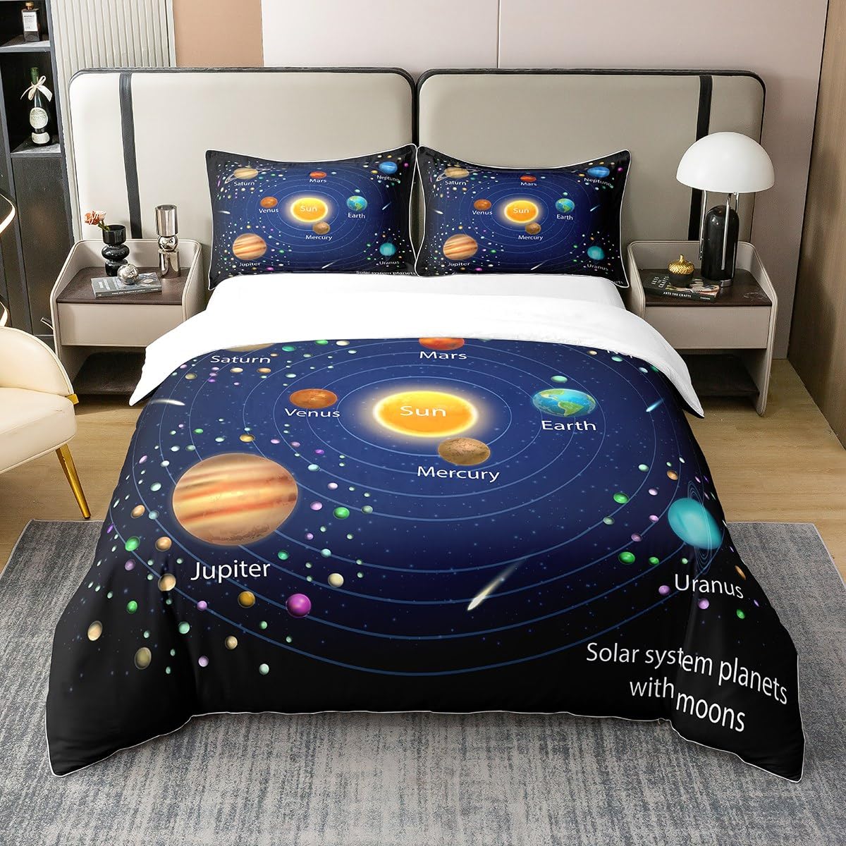 Homewish Outer Space Kids Cotton Duvet Cover,Boys Starry Sky Galaxy 100% Cotton Set King Planet Space Bedding Set for Girls Teens Adult Bedroom Decor,Solar System Cosmos Comforter Cover,Blue Purple