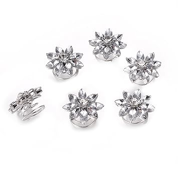 6 Crystal Flower Design Silver Hair Jewels Swirl Twist Coils
