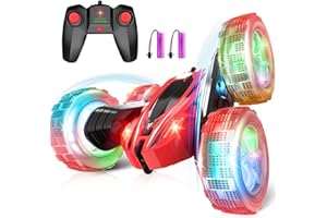 Qumcou Remote Control Car for Kids, RC Cars Toys for Ages 5-7, 2.4Ghz Fast Double-Sided 360°Rotating Toy Cars with Headlights and Wheel Lights, Christmas Birthday Gifts for Boys Girls Age 6-12,Red