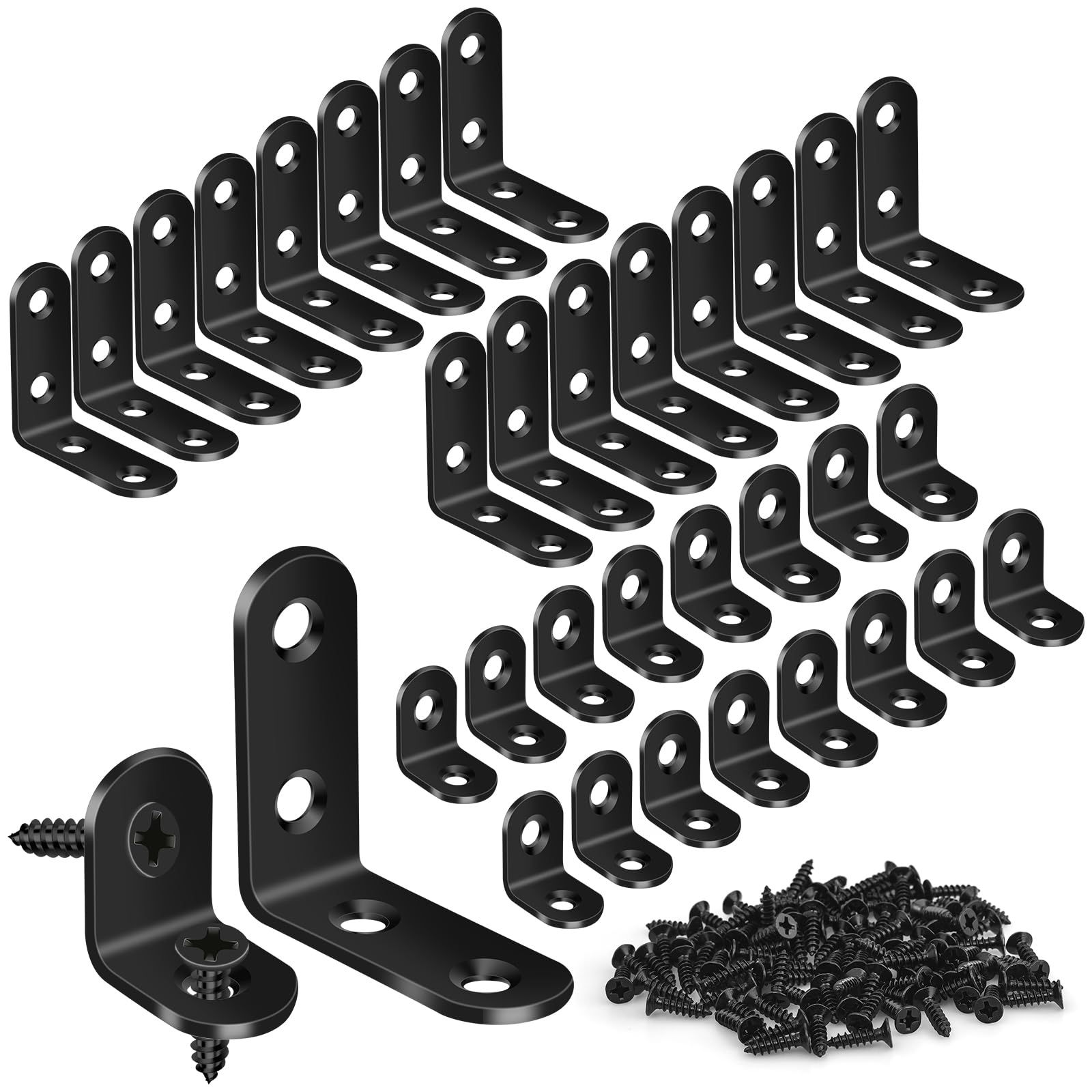 Photo 1 of 32PCS L Corner Brackets, MAPVOLUT Black Heavy Duty L Brackets for Shelves with 100PCS Screws, Metal Right Angle Shelf Bracket, Metal Corner Brace for Wood Furniture (1.57x1.57in/0.79x0.79in)