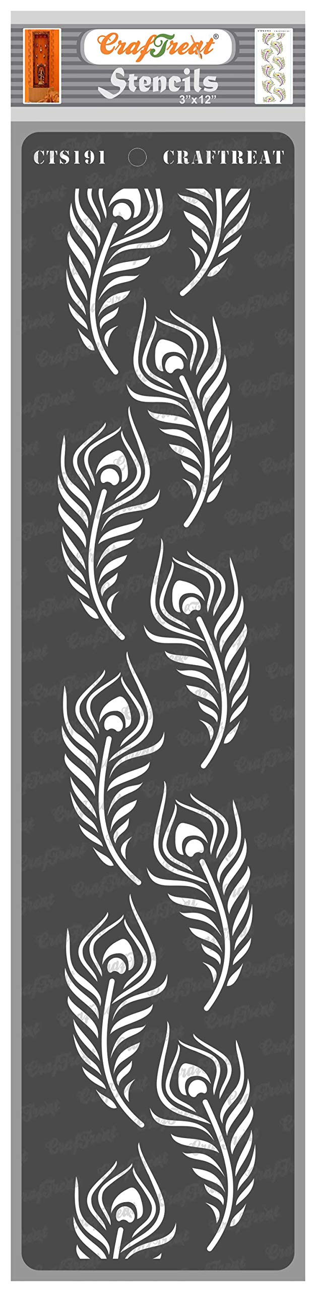 CrafTreat Reusable Stencil - Peacock Feathers Border - Painting Template for Journal, Home Decor, Crafting, DIY Albums, Scrapbook and Printing on Paper, Floor, Wall, Tile, Fabric, Wood 3x12 inches