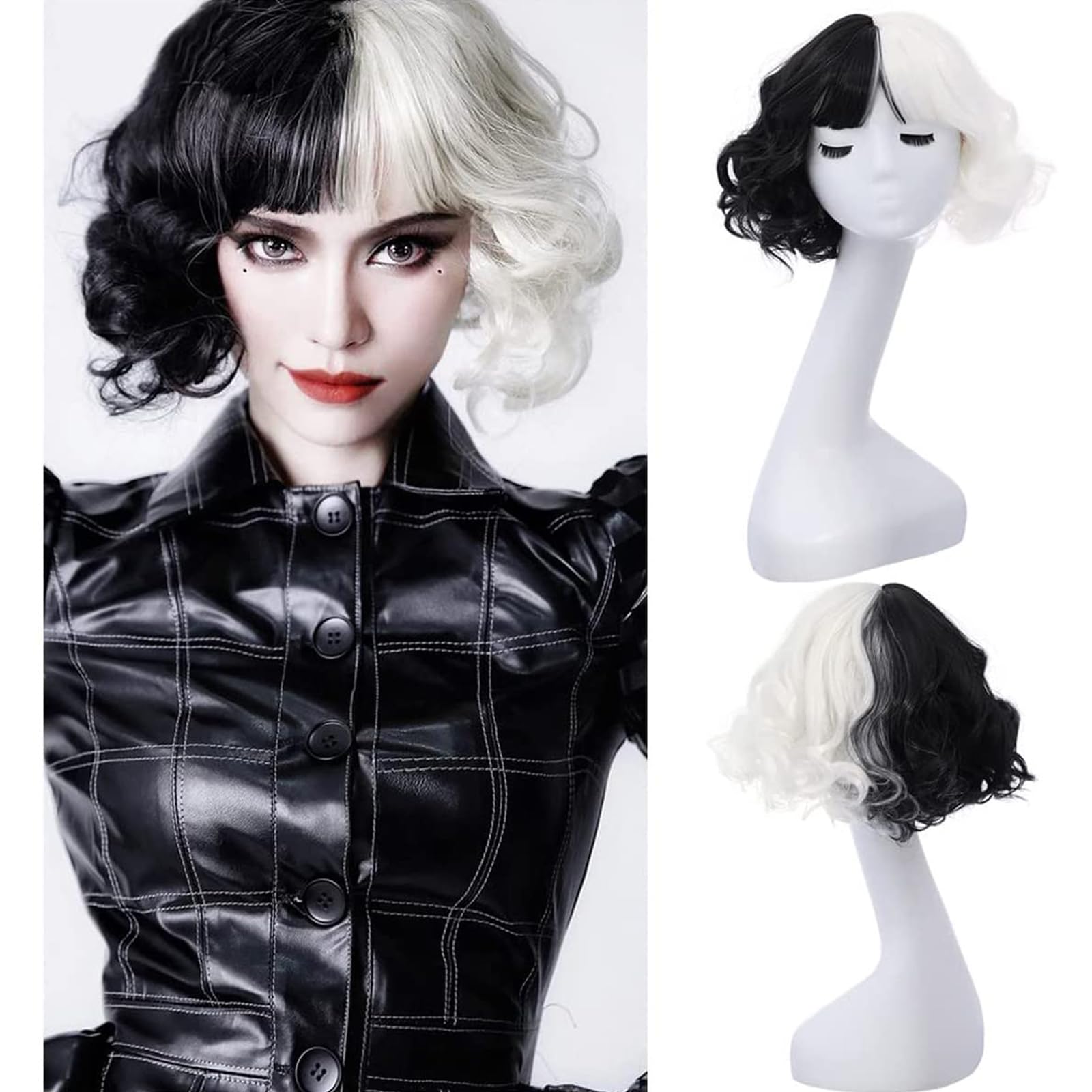 YuanYouTong Black and White Wigs for Women Cruella Deville Wig Ladies Short Curly Wig Half White Half Black Bob Wig with Fringe Wavy Synthetic Hair for Fancy Dress Party Halloween Costume Cosplay