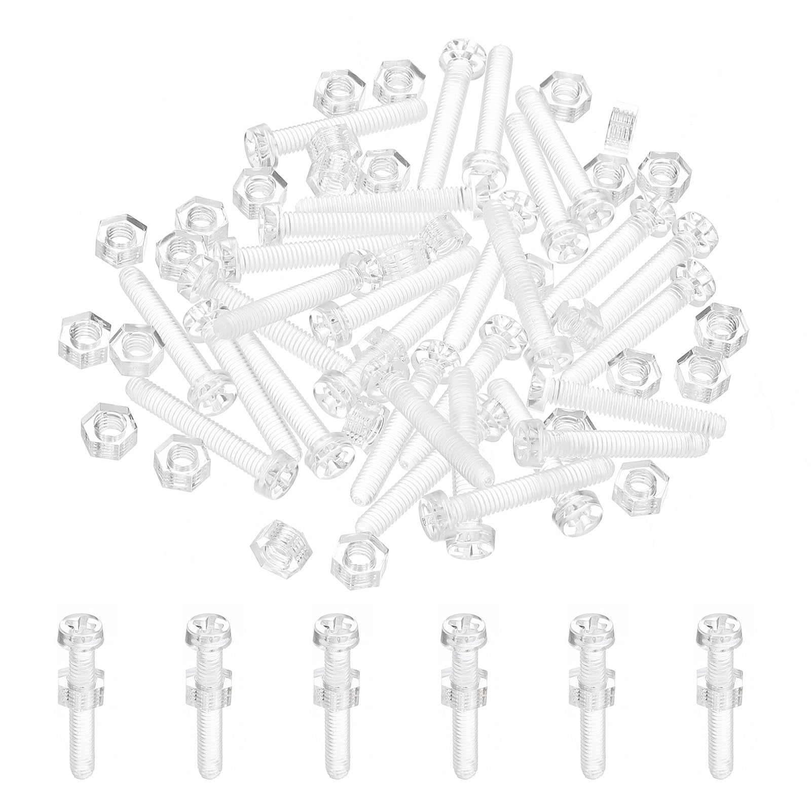 PATIKIL M4x25mm Clear Acrylic Screws and Hex Nuts Kit, 50 Set PC Plastic Phillips Round Head Bolts for Machine Accessories, Transparent