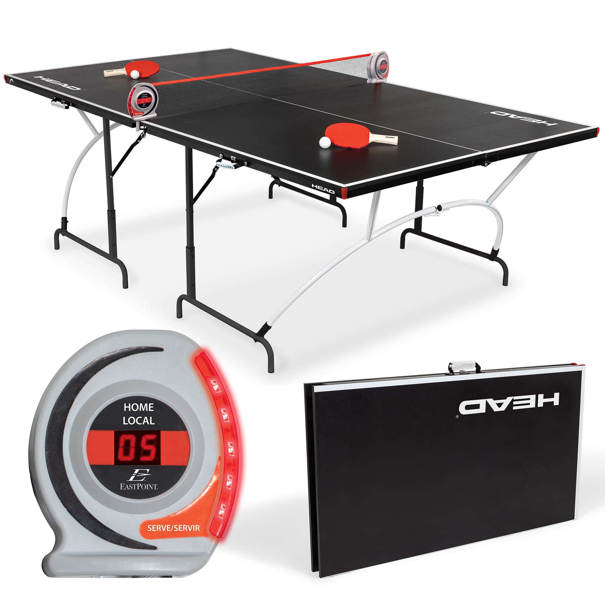 Photo 1 of HEAD Easy Setup Ping Pong Table with Electronic Scorer - Junior Folding Table Tennis Table for Easy Storage - Game Room Table Includes 2 Paddles and Balls
