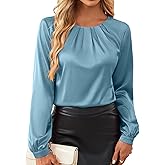 Bluetime Silk Blouses for Women Dressy Work Satin Dress Shirts Pleated Long Sleeve Business Casual Tops Fall Outfits