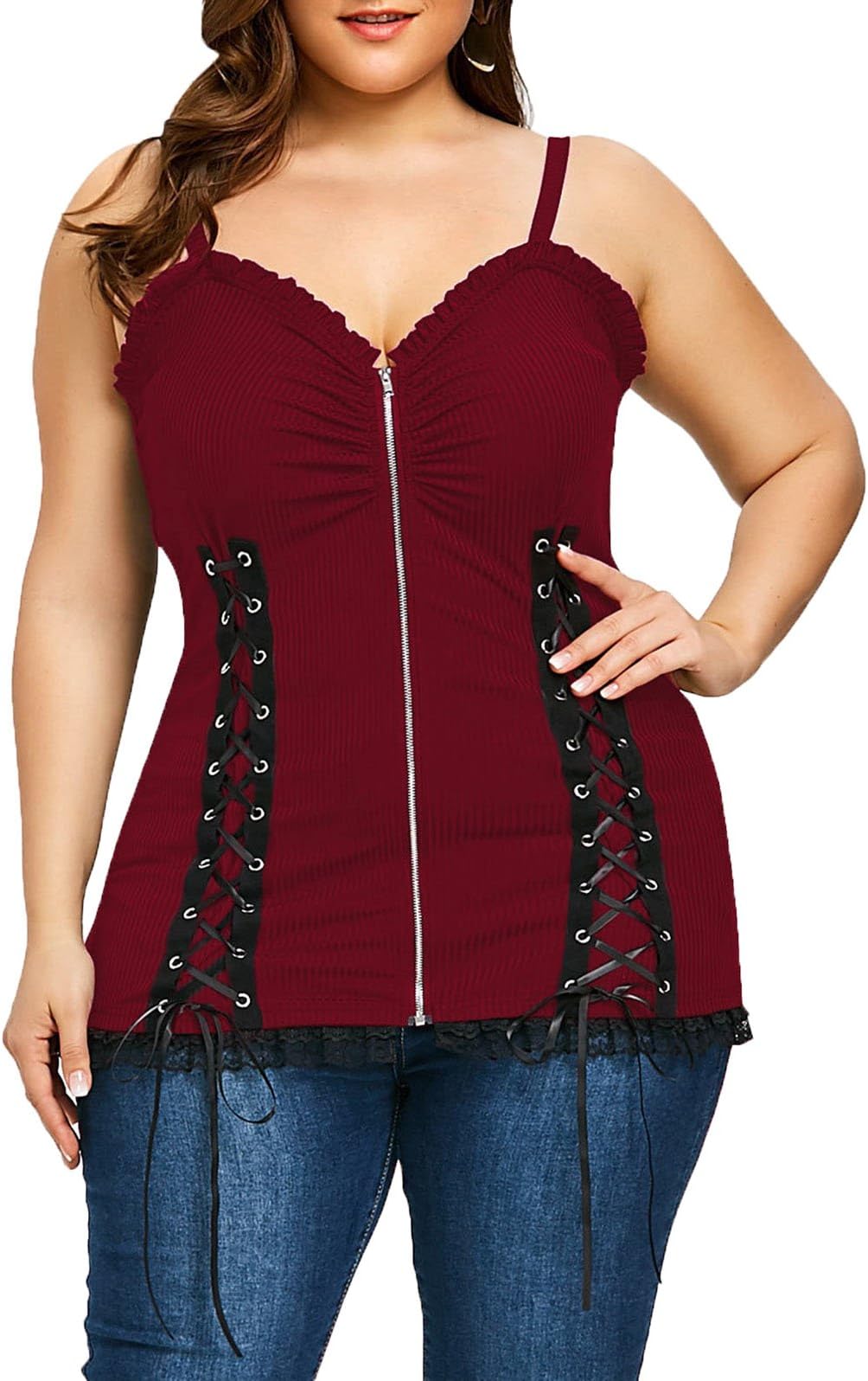 Women's Plus Size Lace up Ribbed Tops Casual T-Shirts Gothic Corset Top