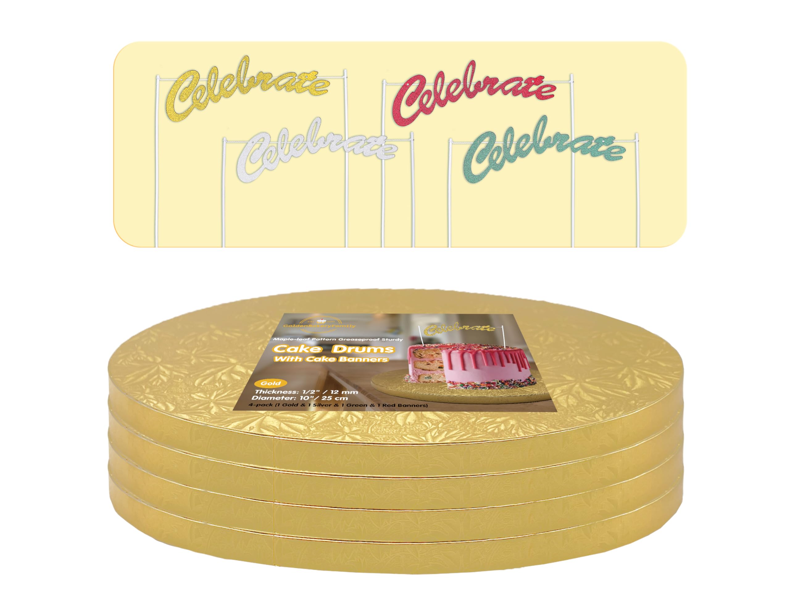Photo 1 of 10 Inch Cake Drums,Gold Cake Boards 10 Inch Round(4-Pack),1/2 Inch Thick Cake Boards with Banner Cake Topper,Sturdy,Greaseproof for Birthday Wedding Multi-Tiered Cake by GoldenBakeryFamily