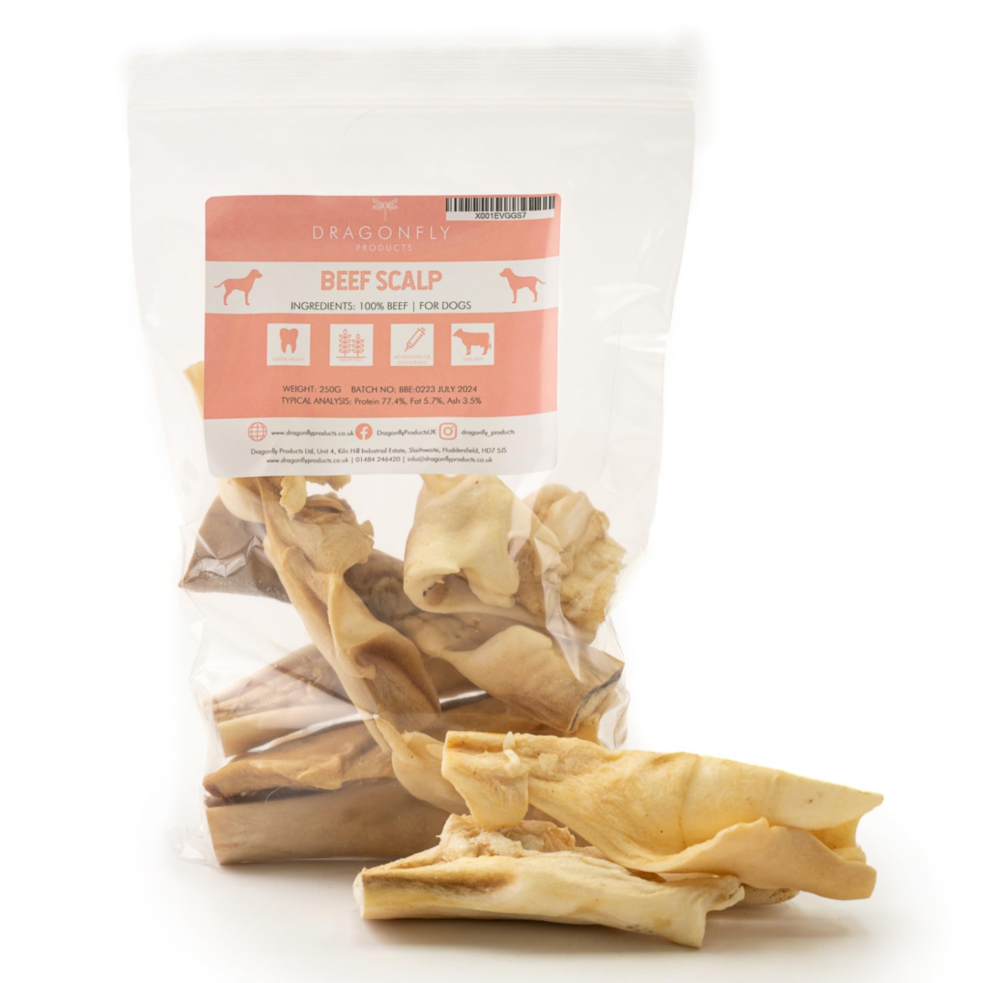 Dragonfly Products, Beef Scalp Natural Dog Chews, Long Lasting Dog Chew and Rawhide Alternative for Medium to Large Breeds, 250g