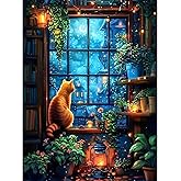 Diamond Painting Cat, 5D Window Landscape Diamond Painting Kits for Adults Beginners, DIY Plants Full Round Dots Drill Gem Ar