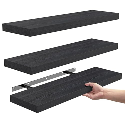 BAYKA Floating Shelves for Wall, Wall Mounted Rustic Wood Shelves for Bathroom, Bedroom, Living Room, Kitchen, Hanging Shelf for Books/Storage/Room Decor with 22lbs Capacity (Black, Set of 3, 15.7in)