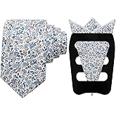 Mantieqingway Floral Tie Sets for Men Skinny Cotton Flower Neckties with Handkerchief and Pocket Square Holder for Wedding