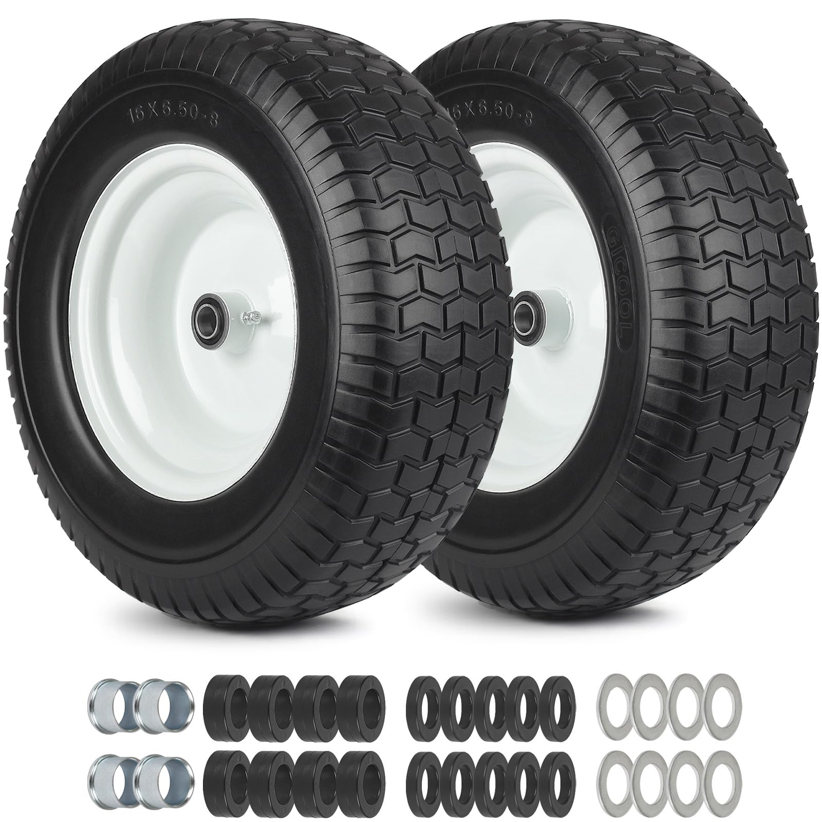 Photo 1 of *** Center bushing fittings are missing ***GICOOL 16x6.50-8 Flat Free Riding Lawn Mower Tire and Wheel, 2 Pcs 16x6.5-8nhs Garden Tractor Lawnmower Tyre, with 3/4" & 5/8" Bearing, 3" -4.5" -6" Centered Hub