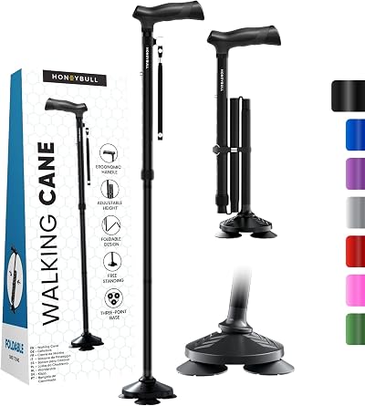 HONEYBULL Folding Walking Stick Adjustable Foldable Cane Pivot Tip 3 Prong