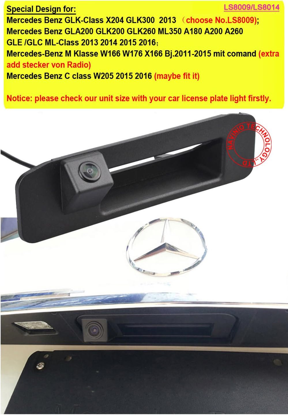 Kalakass Trunk Handle Car Parking Night Vision System, Model Number JKLS800914-FF, Back Up Camera for GLK-Class X204, GLK300 - Image 4