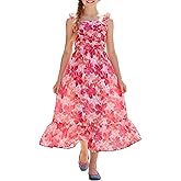 Sunny Spirit Girl's Summer Floral Dresses Kids Cute Ruffle Sleeve Smocked Flowy Dress 6-14 Years