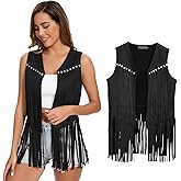 XonyiCos Women's Fringe Vest 60s 70s Hippie Vest Sleeveless Cowgirl Western Faux Suede Tassel Leather Jacket Party Halloween