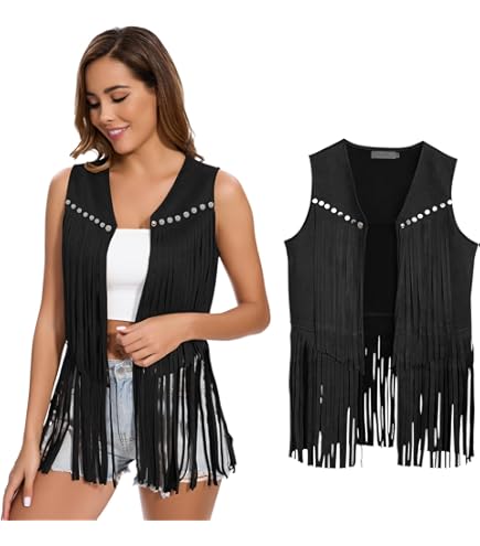 Gilet à Franges Femme En Faux Daim - Style Hippie Années 70, Western - Sans Manches, Ouvert - Polyester