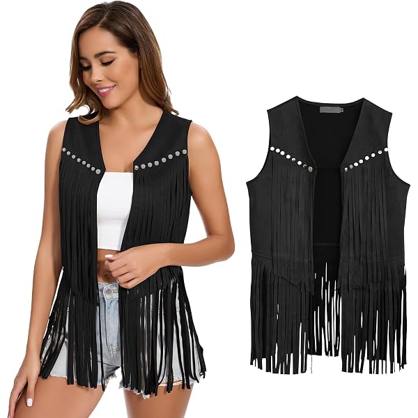 Blouson Sans Manches En Daim à Franges - Style Western Années 80, Taille L