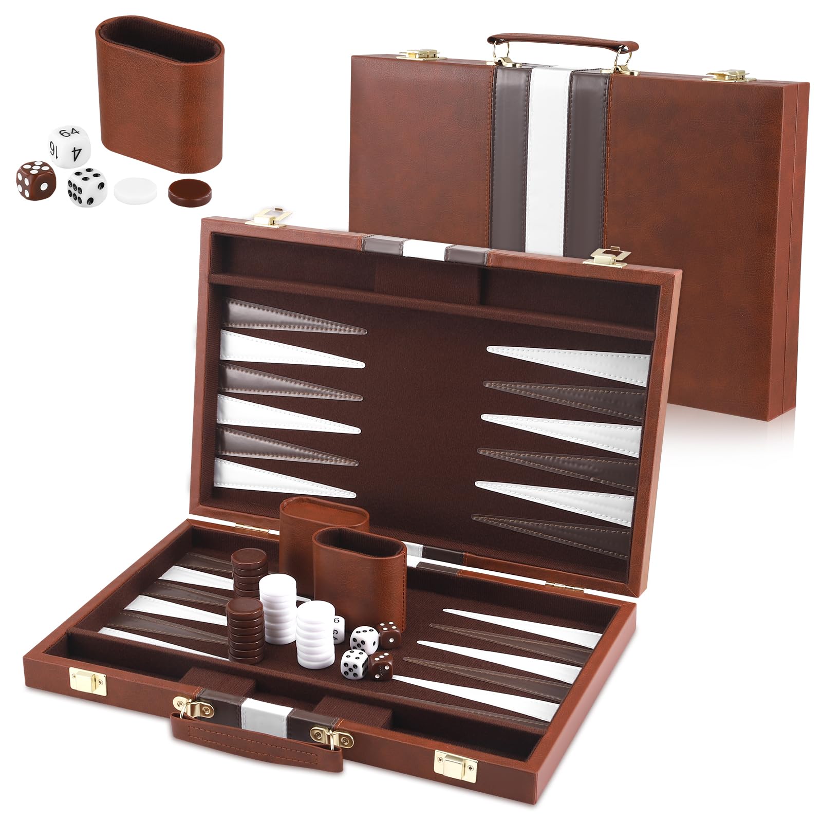 Backgammon Set 2 players, Classic Board Games with Leather Case, Portable Travel Backgammon Game Sets for Adults and Kids, Travel Board Games, Grey (15 inch, Brown)